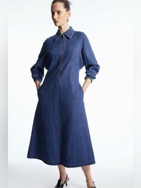 COS Half-Zip Denim Midi Dress Womens Size 2 Blue Fit & Flare Pockets
